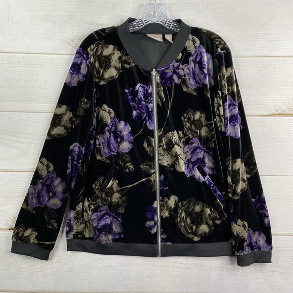 Chico's Jacket Sz 1 Womens M Black Purple Floral Velvet Full Zip Stretch Boho - Picture 1 of 10